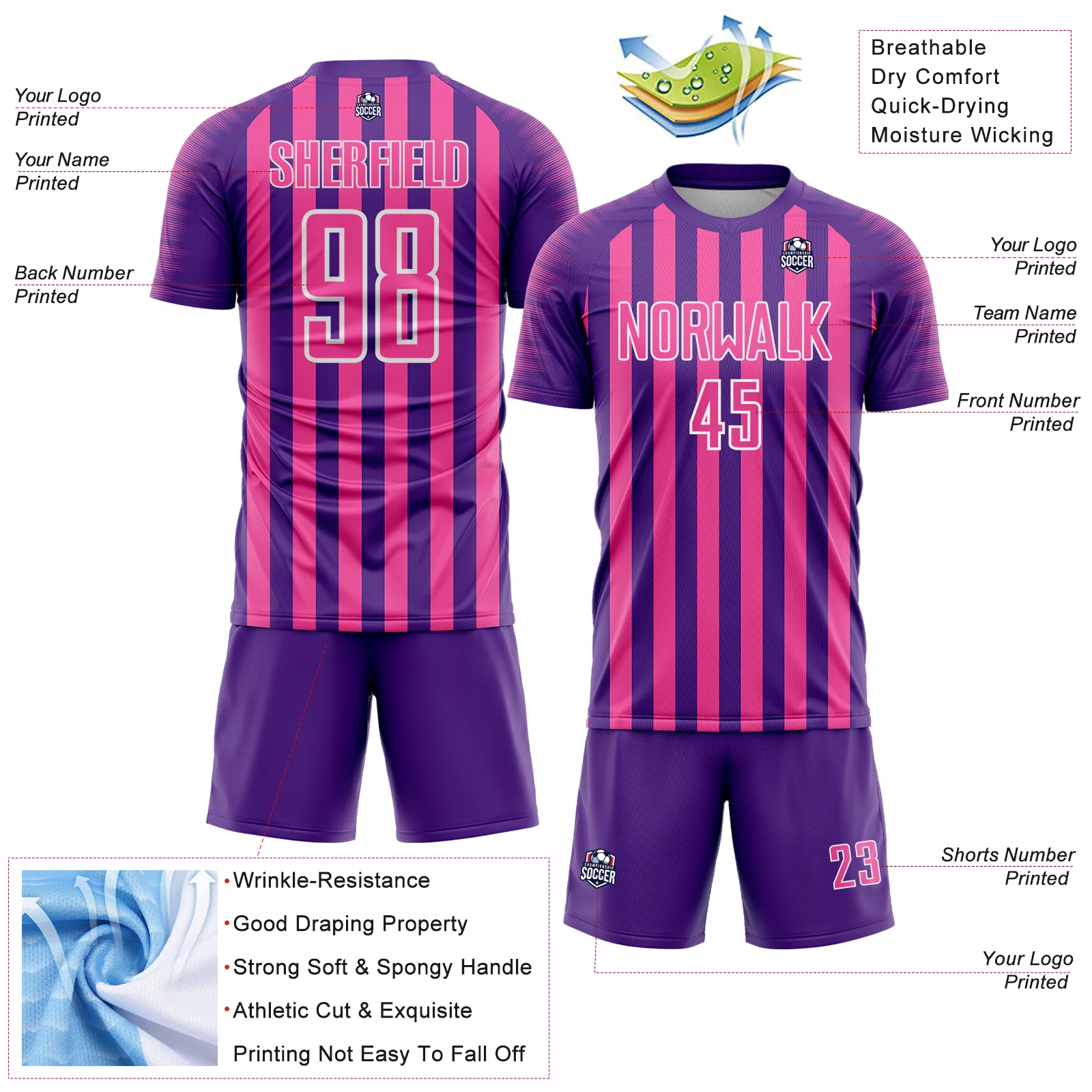 Custom Purple Pink-White Stripe Sports Sublimation Soccer Uniform Jersey - Image 4