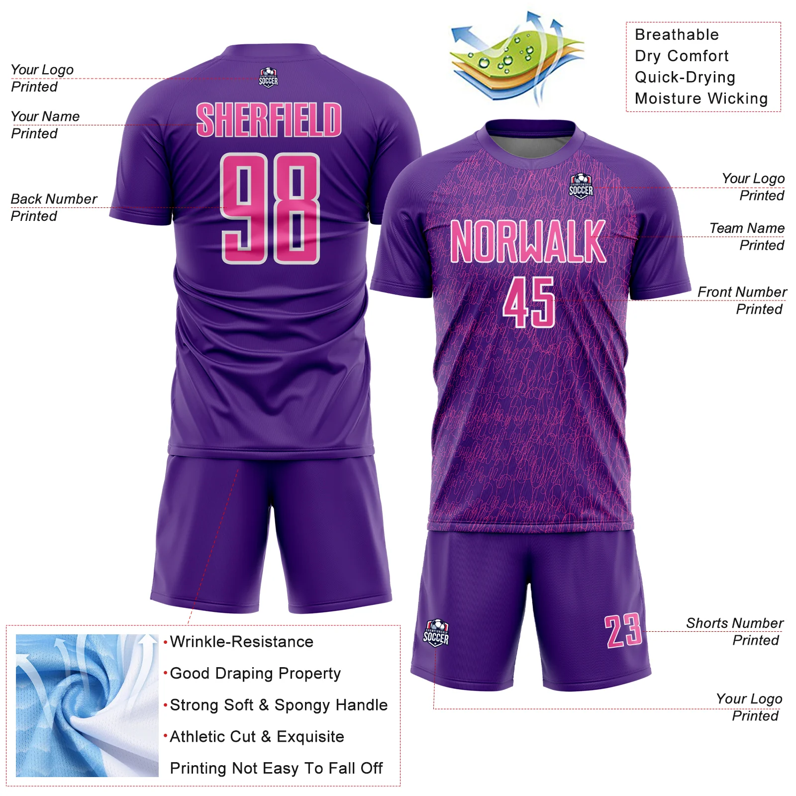 Custom Purple Pink-White Abstract Scribble Curve Line Pattern Sports Sublimation Soccer Uniform Jersey - Image 4