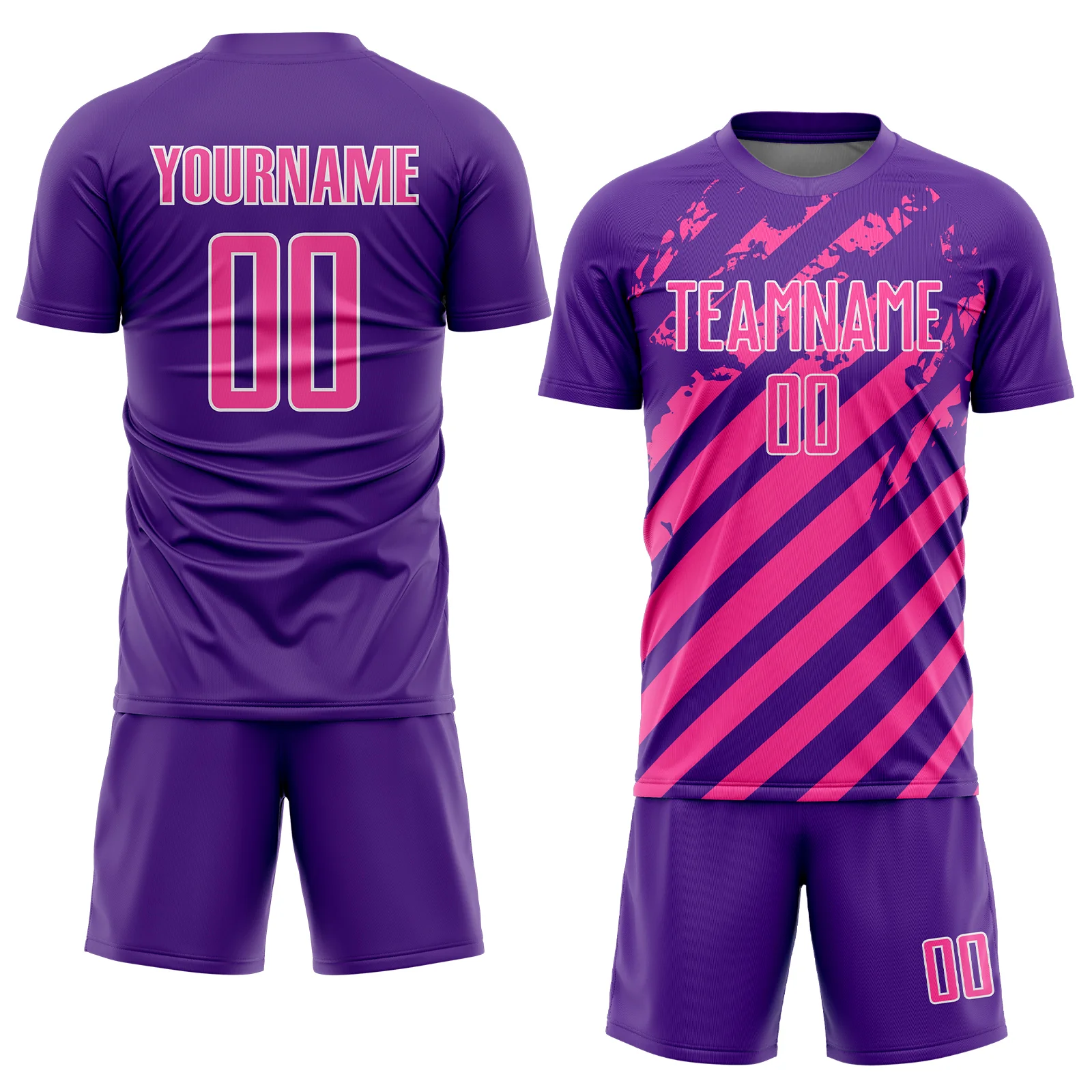 Custom Purple Pink-White Distressed Diagonal Stripe Pattern Sports Sublimation Soccer Uniform Jersey - Image 2