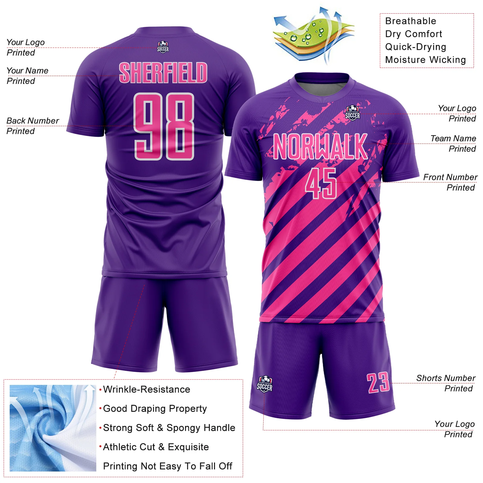 Custom Purple Pink-White Distressed Diagonal Stripe Pattern Sports Sublimation Soccer Uniform Jersey - Image 4