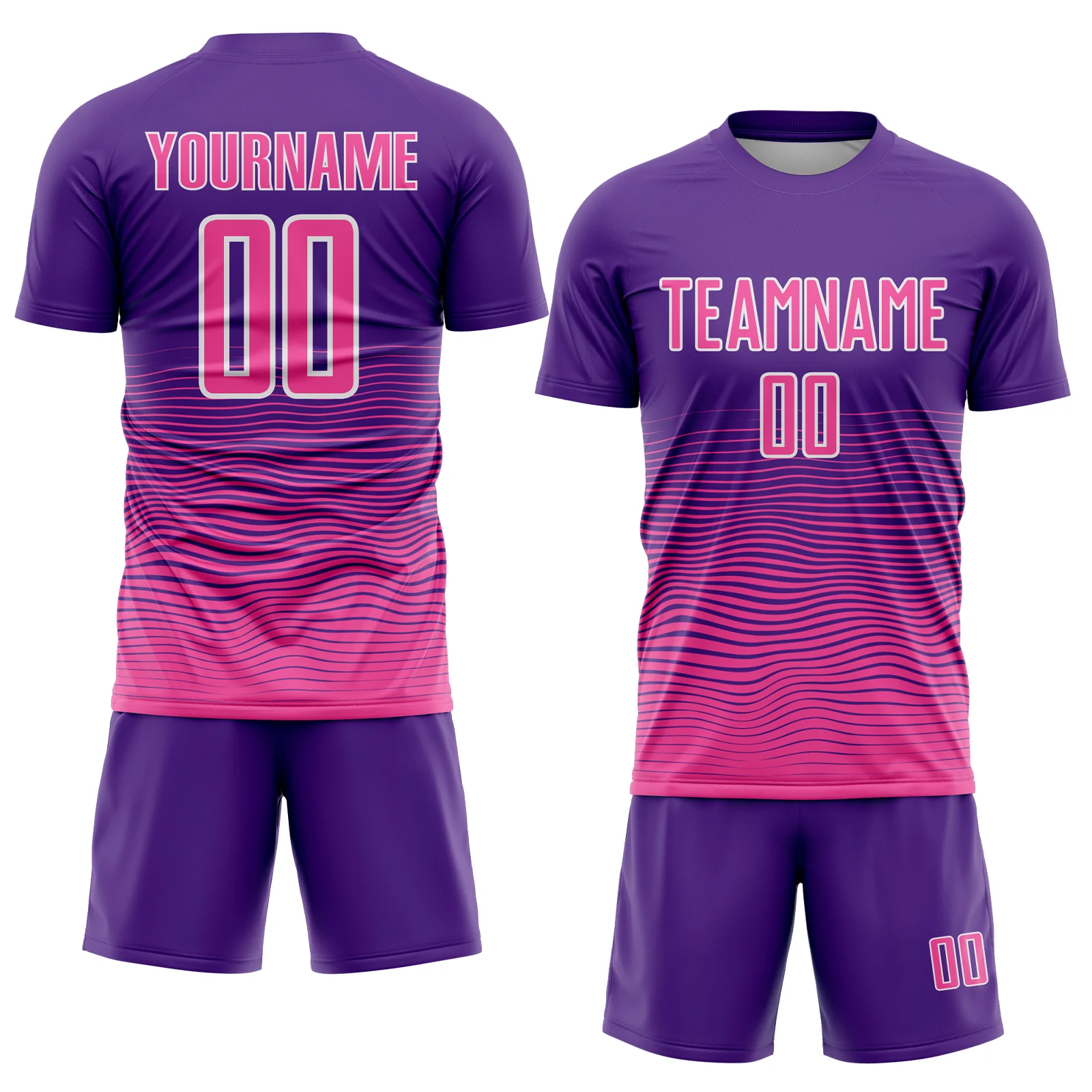 Custom Purple Pink-White Gradient Wave Line Sports Sublimation Soccer Uniform Jersey - Image 2