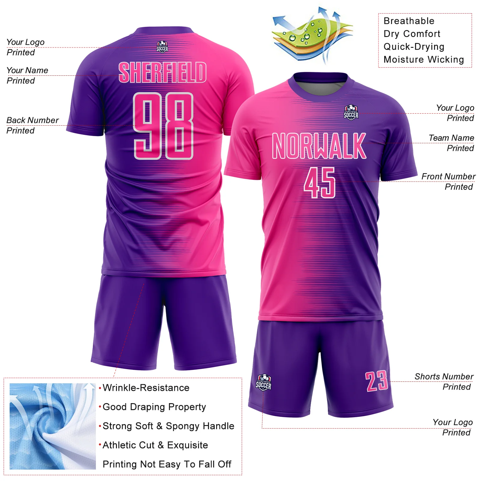 Custom Purple Pink-White Gradient Line Sublimation Soccer Uniform Jersey - Image 4