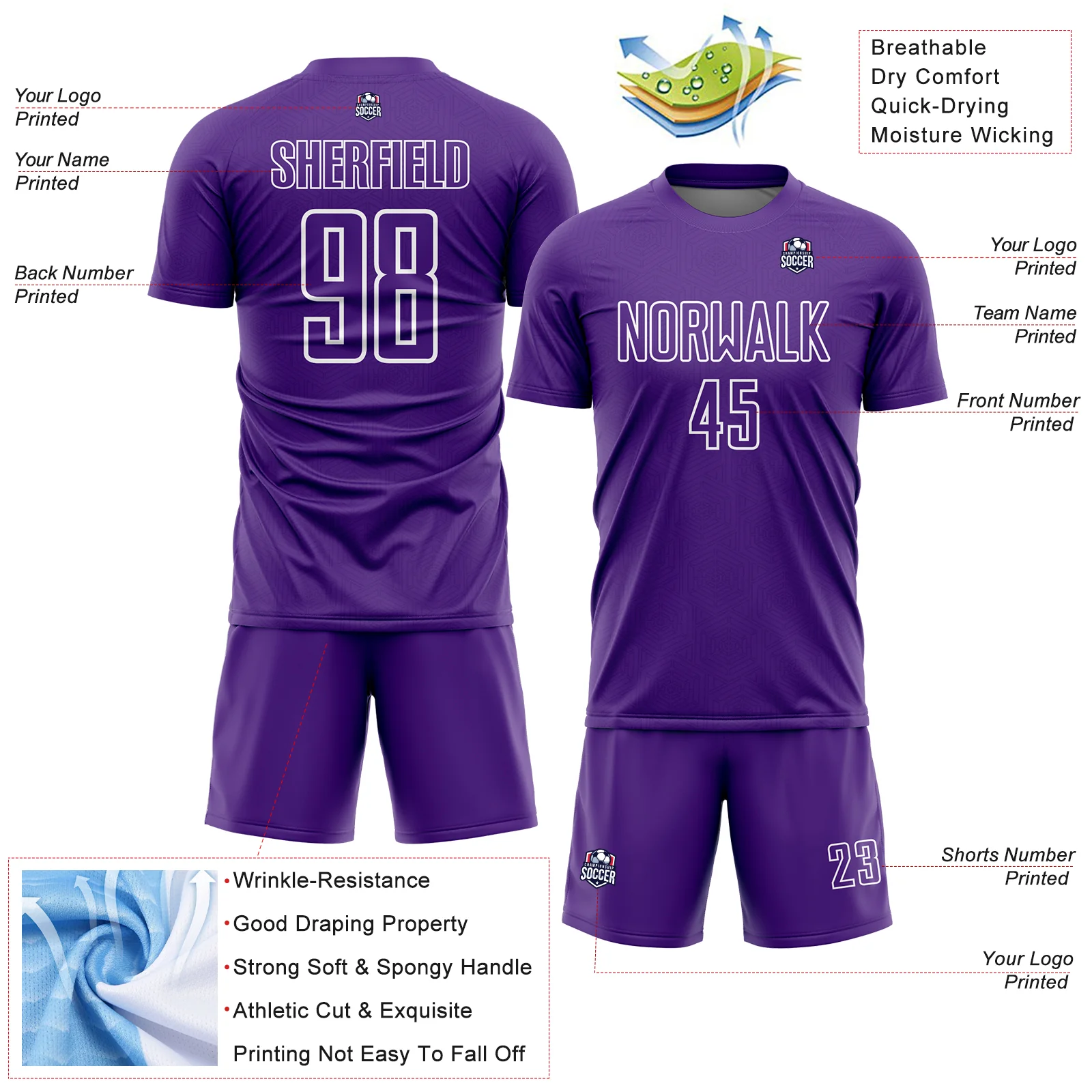 Custom Purple White Geometric Shape Sublimation Soccer Uniform Jersey - Image 4