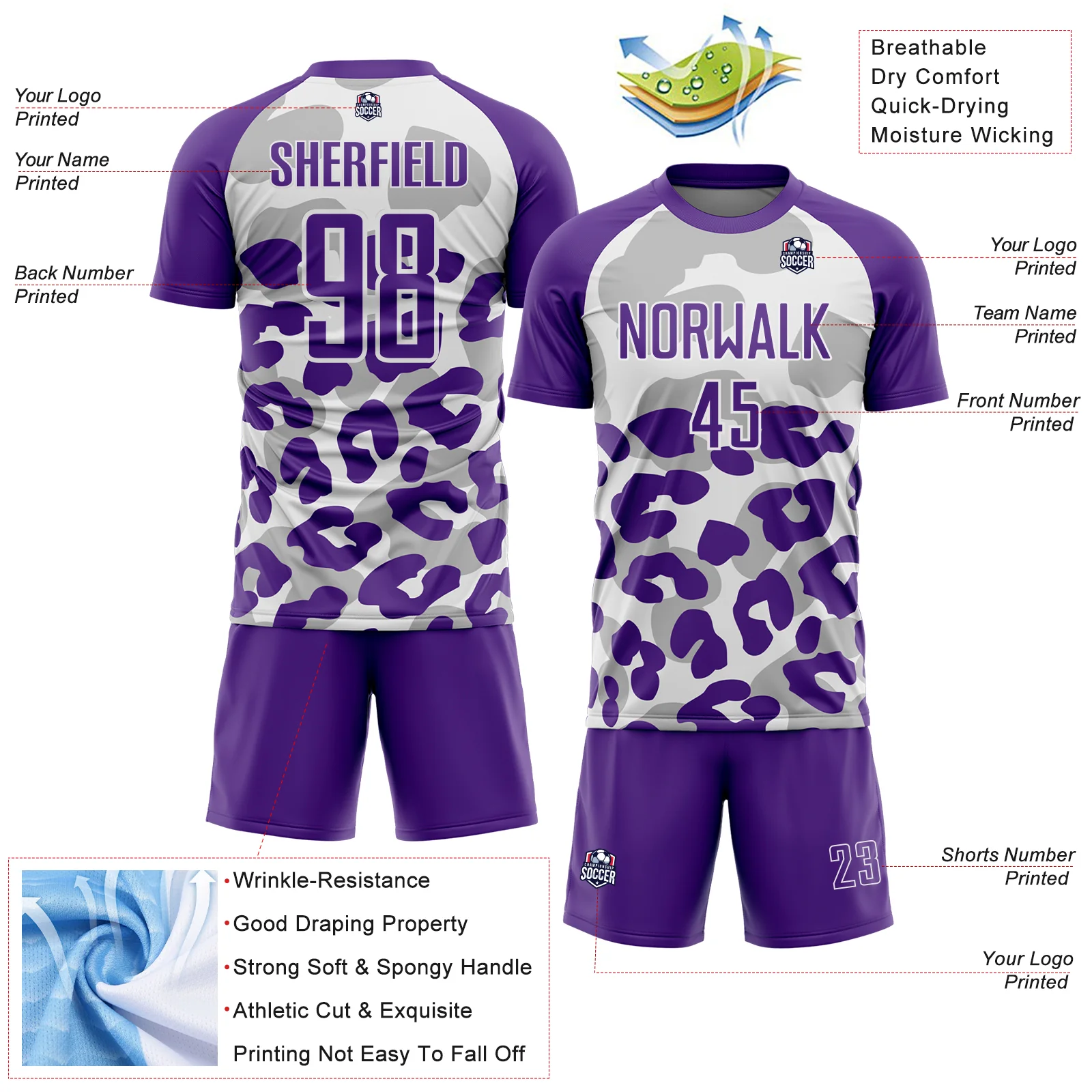 Custom Purple White Animal Leopard Print Sports Sublimation Soccer Uniform Jersey - Image 4
