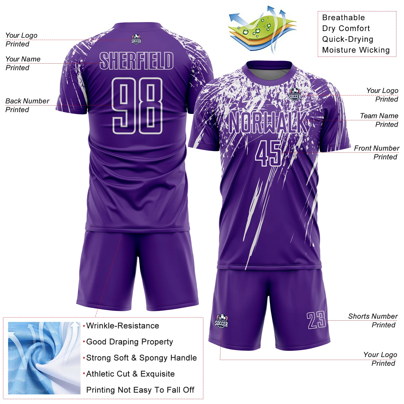 Custom Purple White Splash Sports Sublimation Soccer Uniform Jersey - Image 4