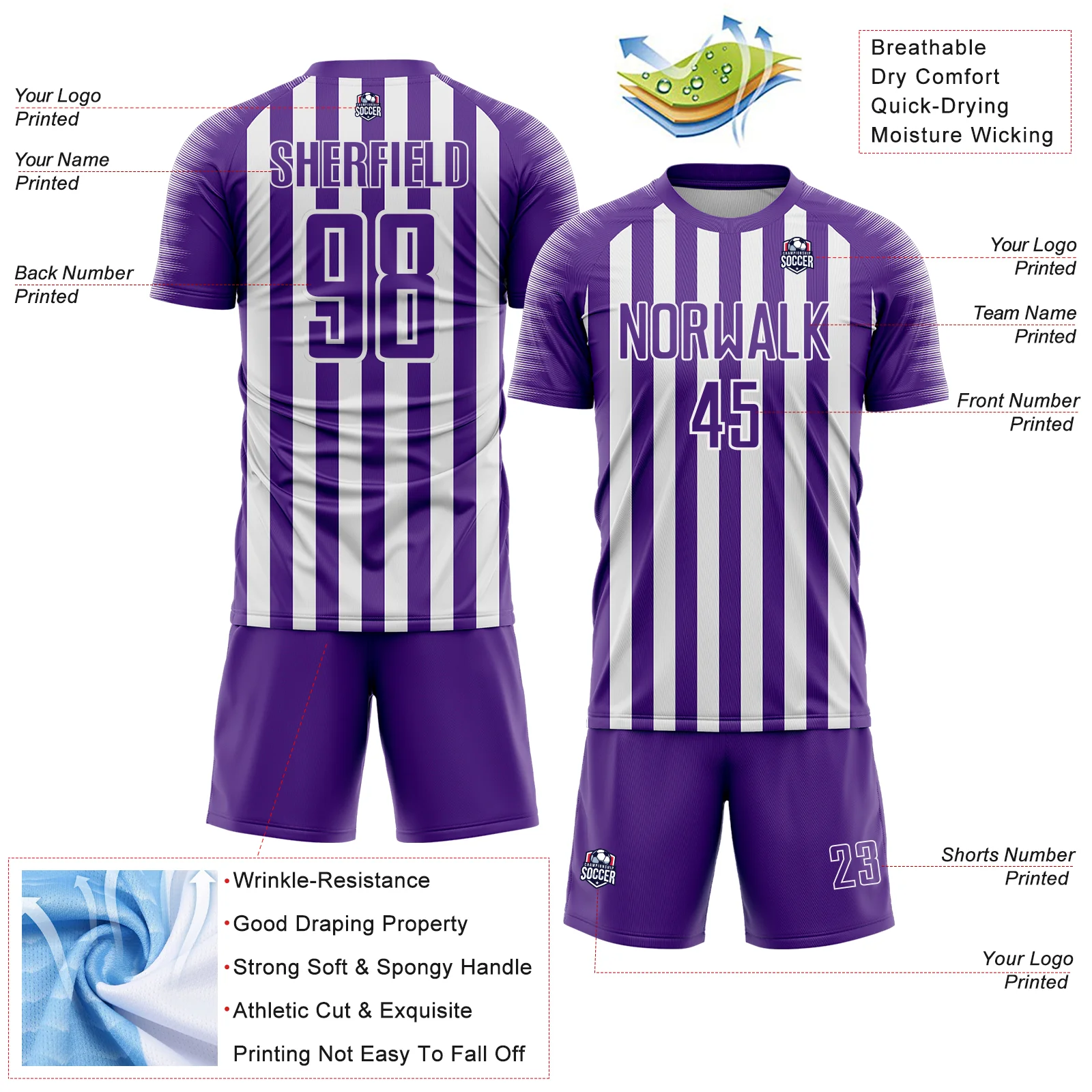 Custom Purple White Stripe Sports Sublimation Soccer Uniform Jersey - Image 4