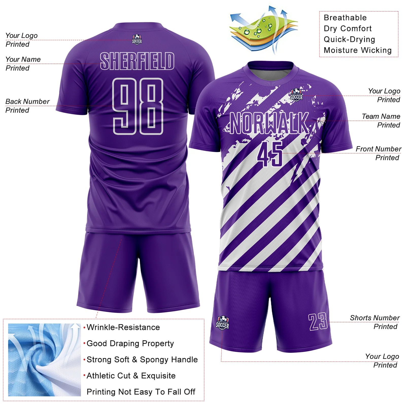 Custom Purple White Distressed Diagonal Stripe Pattern Sports Sublimation Soccer Uniform Jersey - Image 4