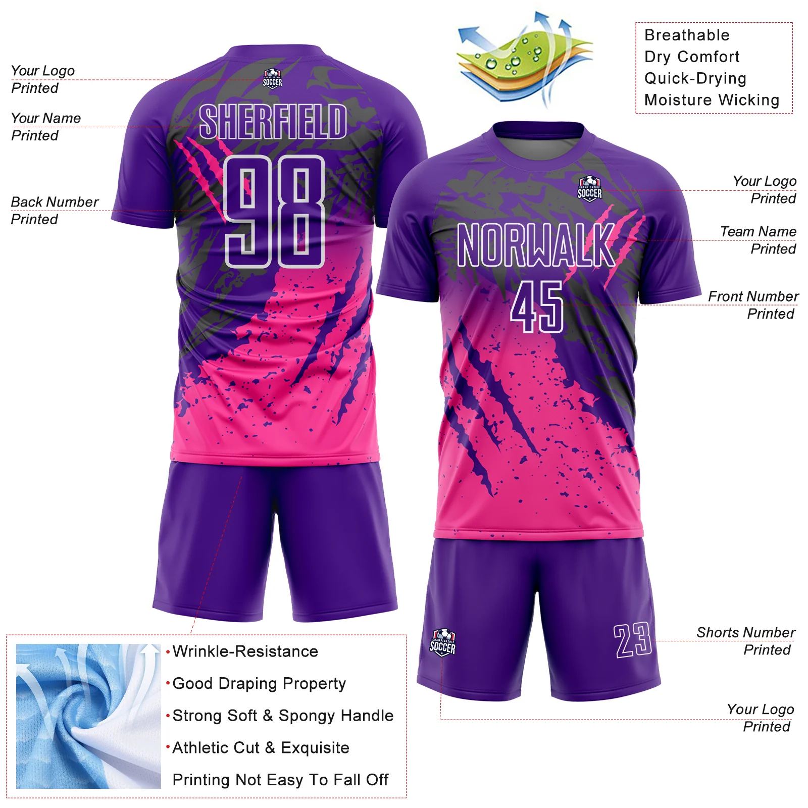 Custom Purple White-Pink Gradient Claw Mark Splatter Sports Sublimation Soccer Uniform Jersey - Image 4