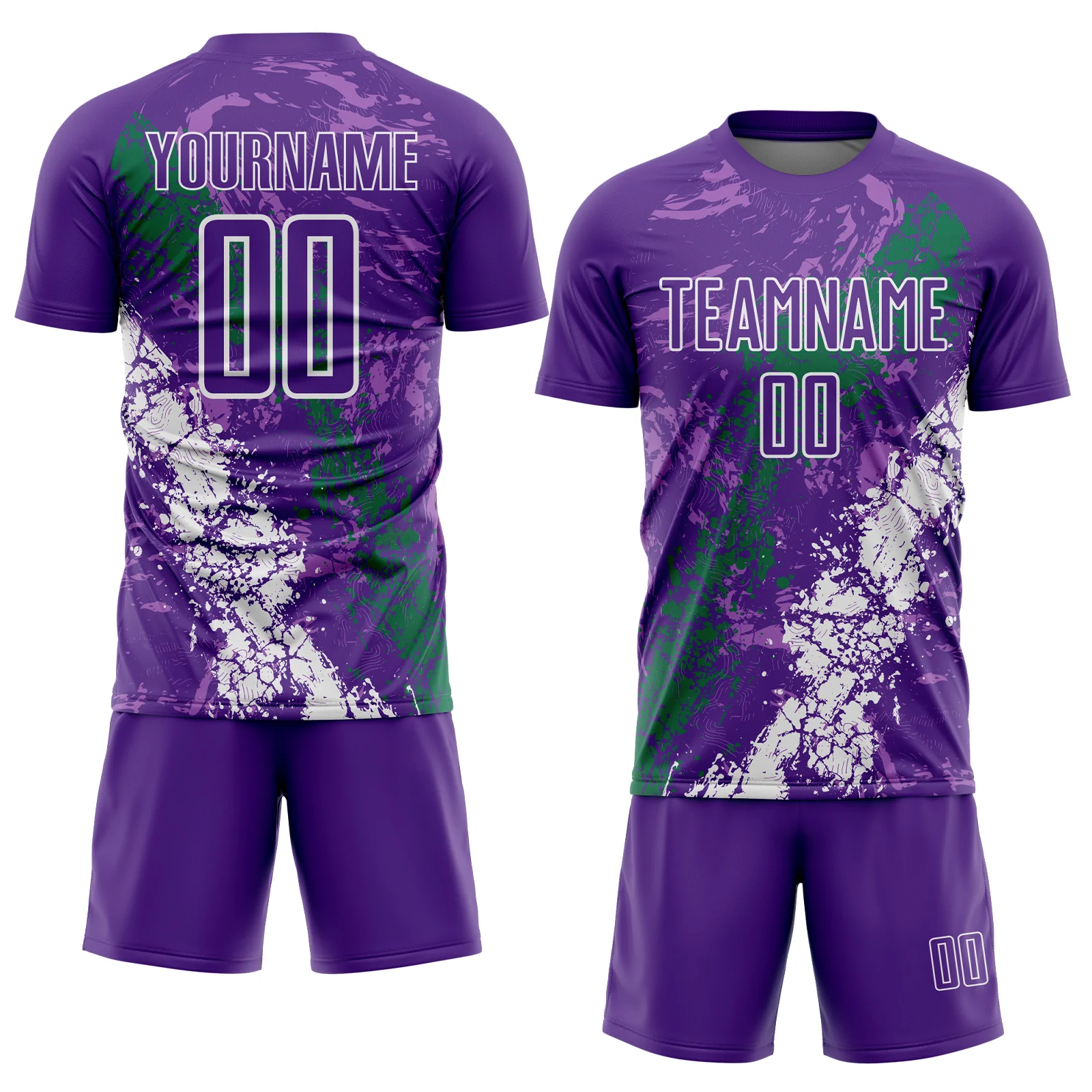 Custom Purple White-Kelly Green Dripping Splatter Cracked Texture Sublimation Soccer Uniform Jersey - Image 2