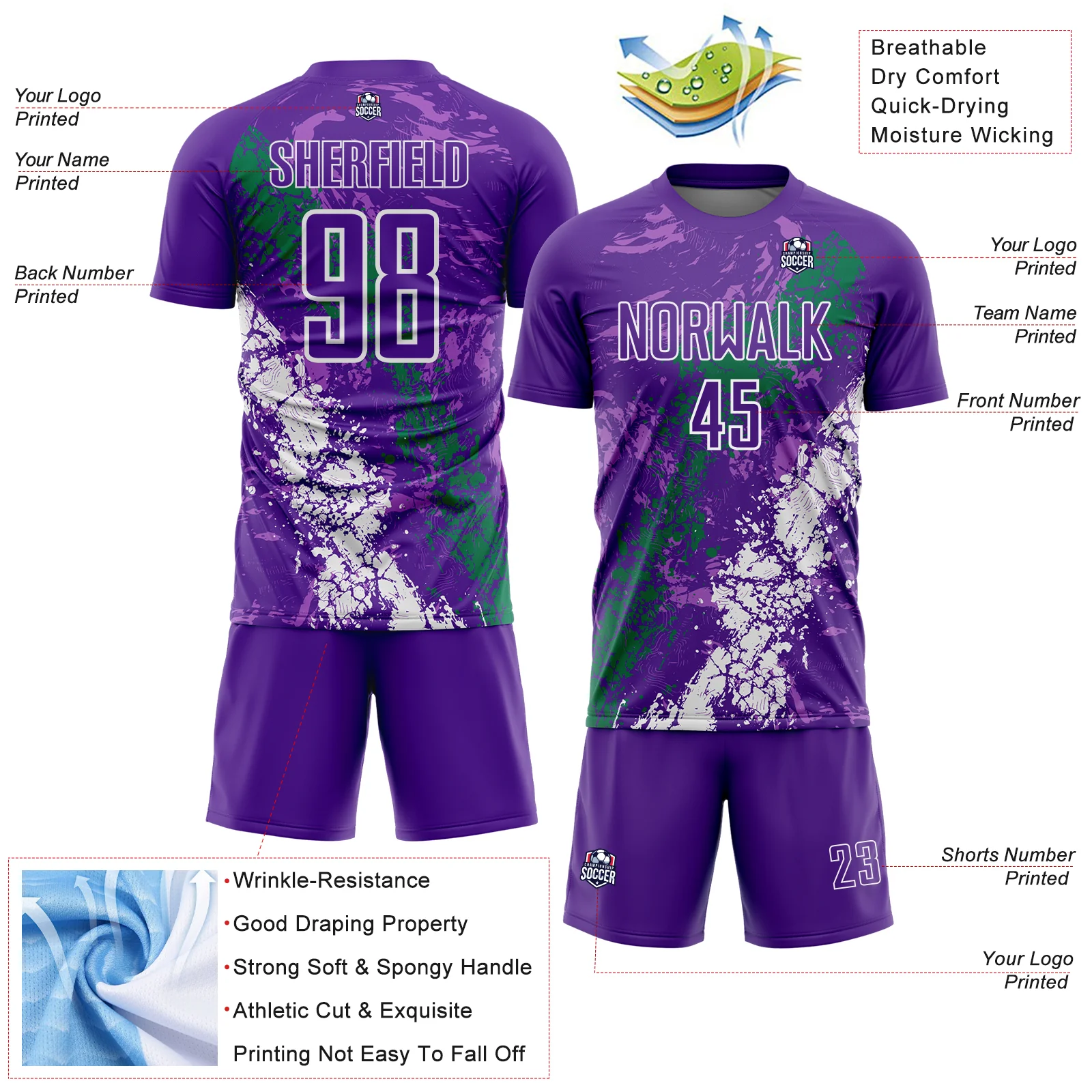 Custom Purple White-Kelly Green Dripping Splatter Cracked Texture Sublimation Soccer Uniform Jersey - Image 4
