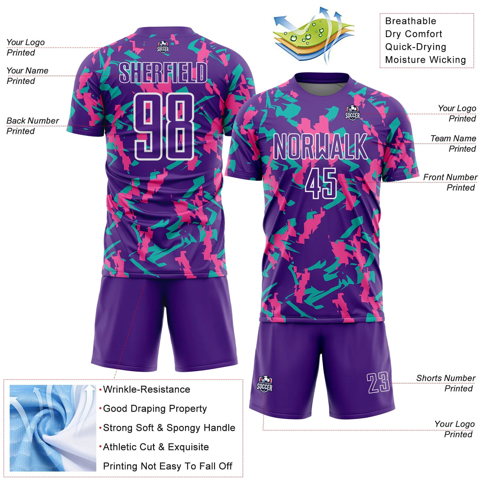 Custom Purple White Pink-Aqua Geometric Camo Fragment Sports Sublimation Soccer Uniform Jersey - Image 4