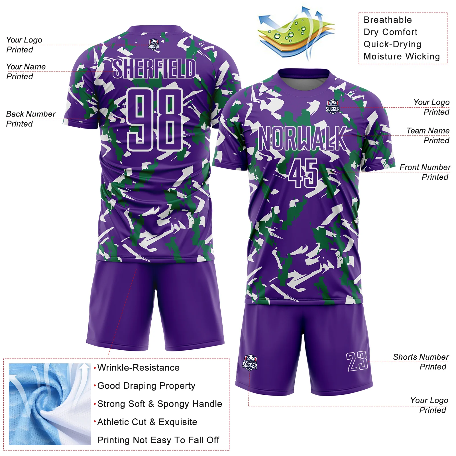 Custom Purple White-Kelly Green Geometric Camo Fragment Sports Sublimation Soccer Uniform Jersey - Image 4