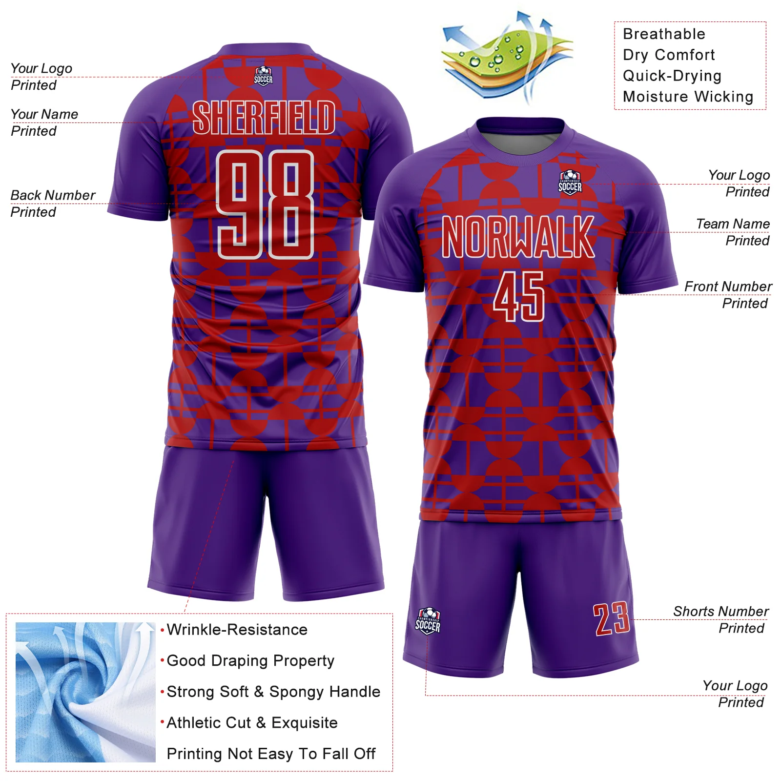 Custom Purple Red-White Geometric Shapes Sports Sublimation Soccer Uniform Jersey - Image 4
