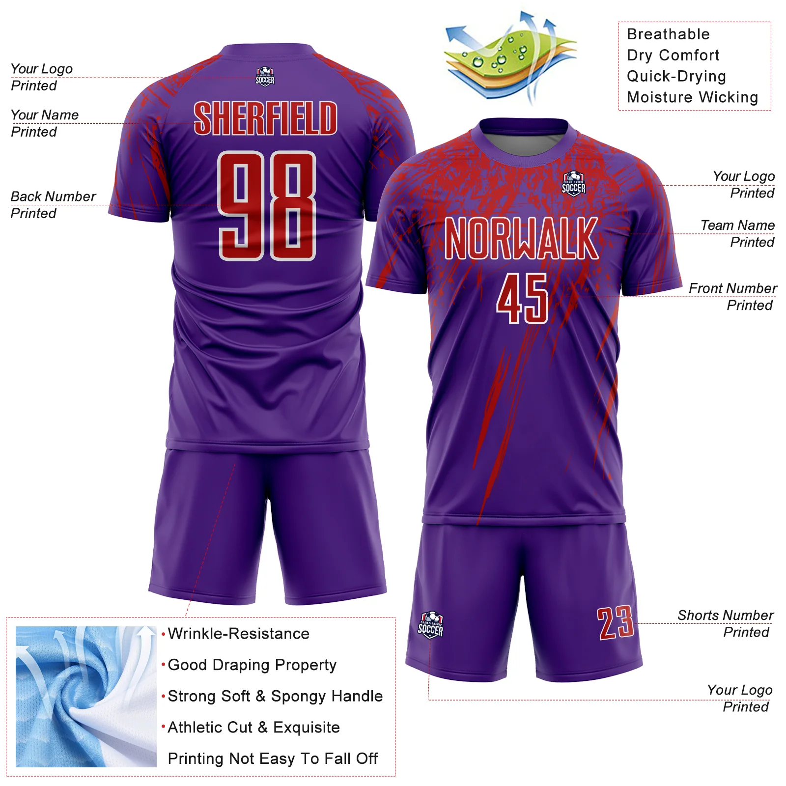 Custom Purple Red-White Splash Sports Sublimation Soccer Uniform Jersey - Image 4