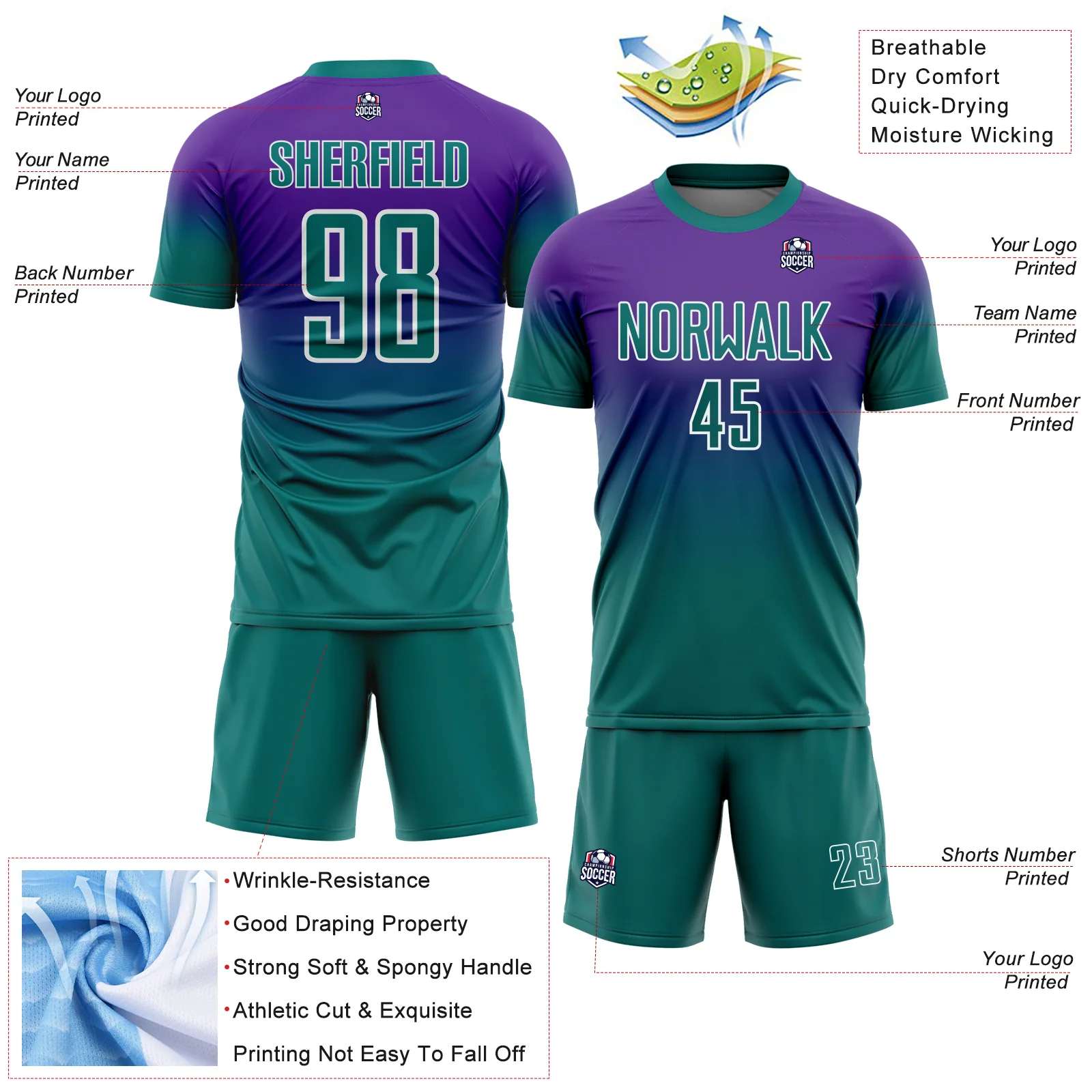 Custom Purple Teal-White Fade Fashion Sublimation Soccer Uniform Jersey - Image 4