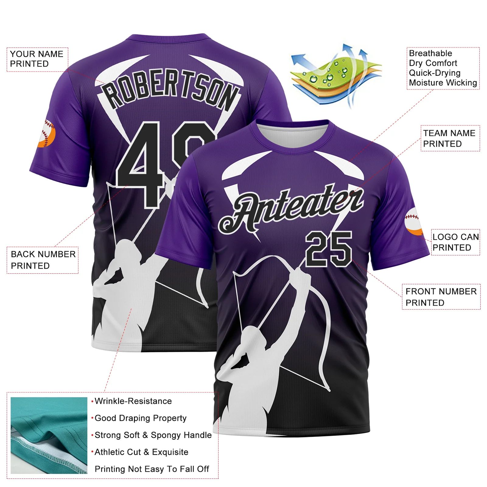 Custom Purple Black-White 3D Pattern Design Arrow Archery Bow Target Performance T-Shirt - Image 2
