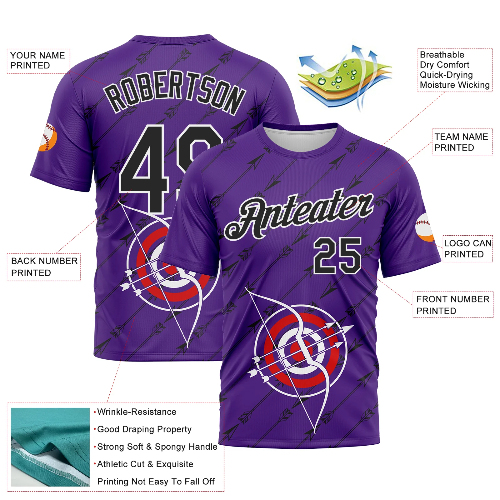 Custom Purple Black-White 3D Pattern Design Arrow Archery Bow Target Performance T-Shirt - Image 2