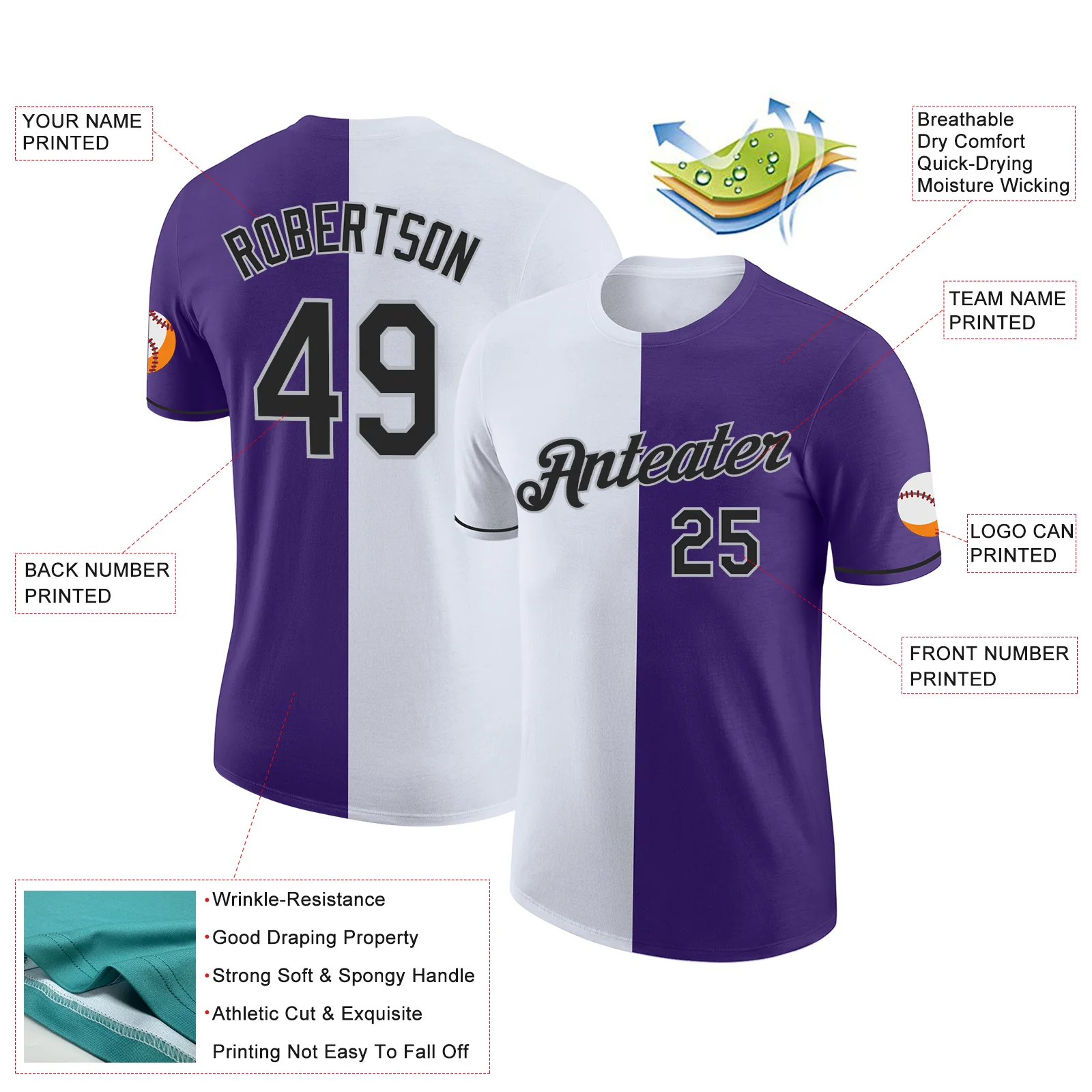 Custom Purple Black-Gray Split Fashion Performance T-Shirt - Image 2