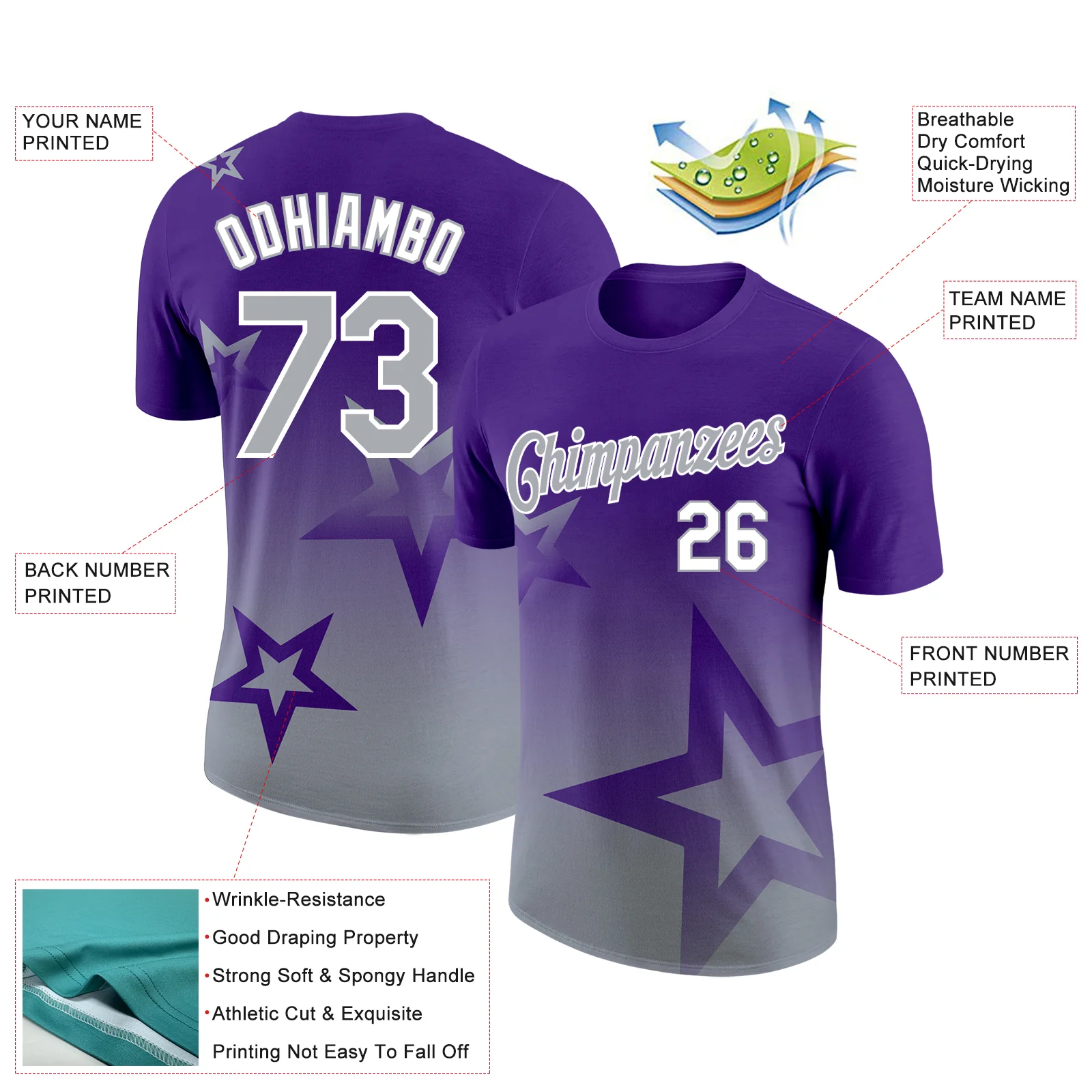 Custom Purple Gray-White 3D Pattern Design Gradient Style Twinkle Star Performance T-Shirt - Image 2