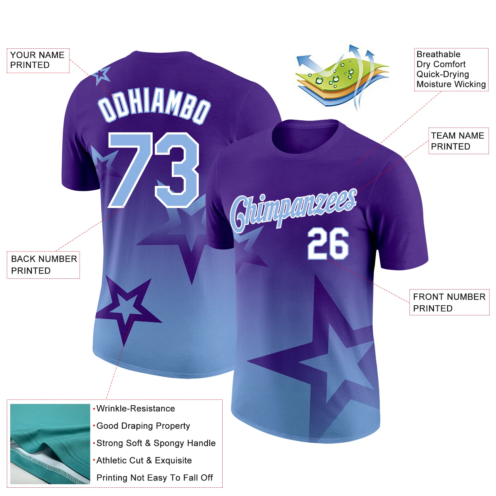 Custom Purple Light Blue-White 3D Pattern Design Gradient Style Twinkle Star Performance T-Shirt - Image 2