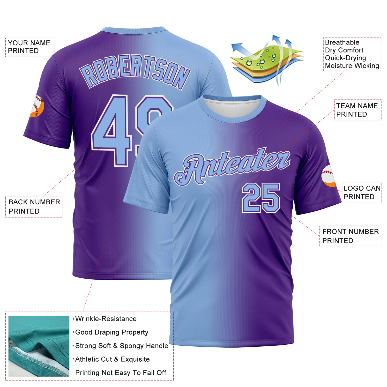Custom Purple Light Blue-White Gradient Fashion Performance T-Shirt - Image 3