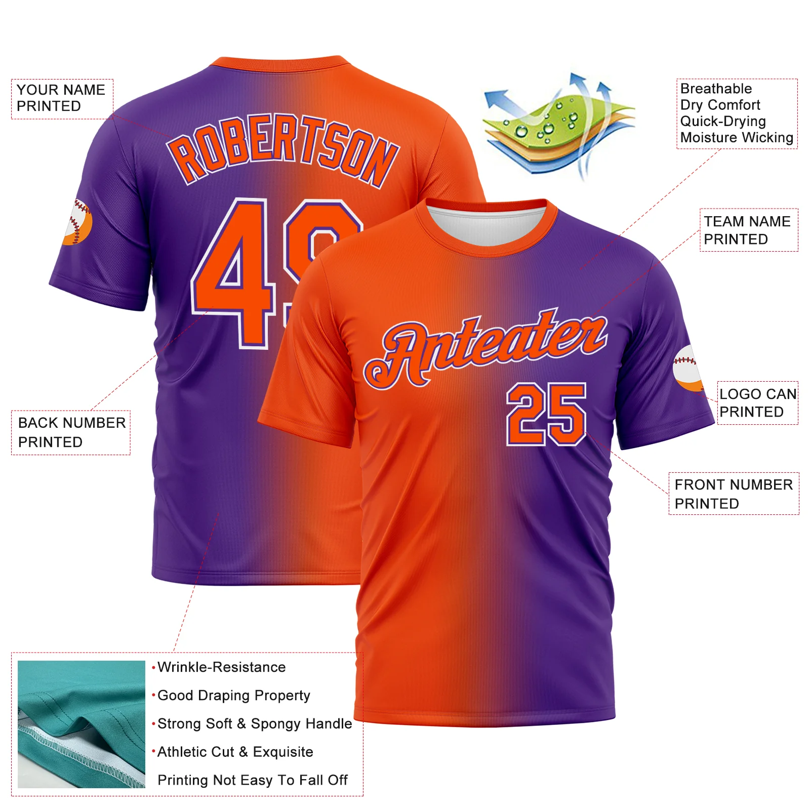 Custom Purple Orange-White Gradient Fashion Performance T-Shirt - Image 3