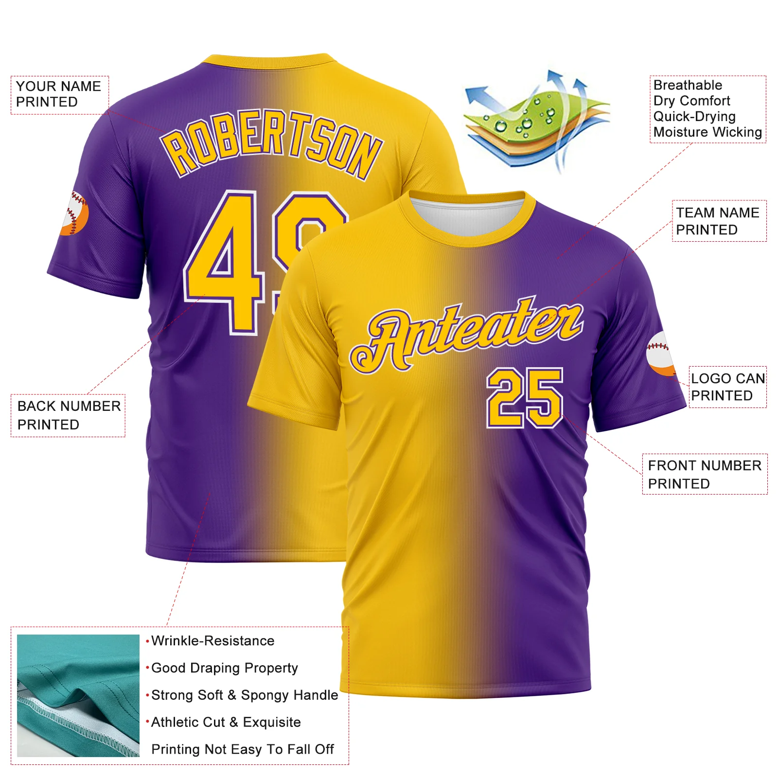 Custom Purple Yellow-White Gradient Fashion Performance T-Shirt - Image 3
