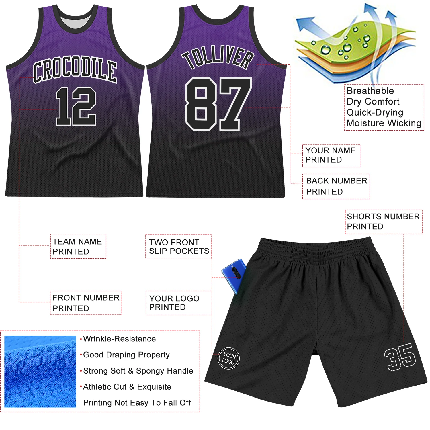Custom Purple Black-White Fade Fashion Round Neck Sublimation Basketball Suit Jersey - Image 3