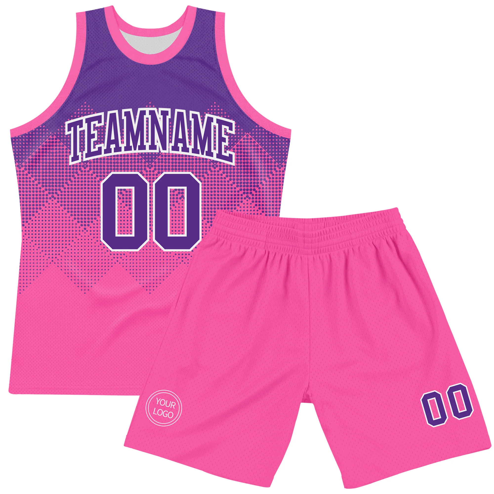 Custom Purple Pink-White Gradient Square Shapes Round Neck Sublimation Basketball Suit Jersey - Image 2