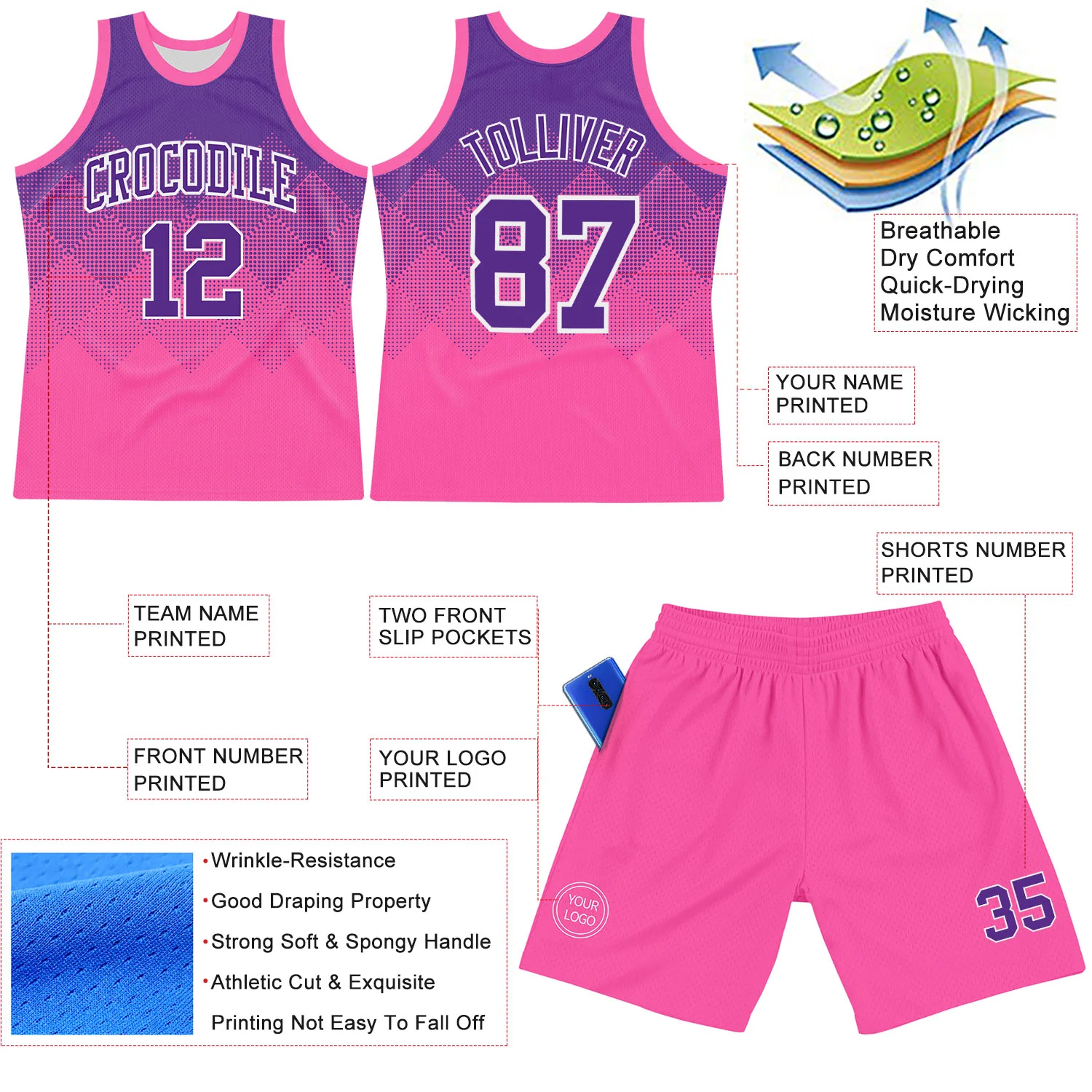 Custom Purple Pink-White Gradient Square Shapes Round Neck Sublimation Basketball Suit Jersey - Image 3