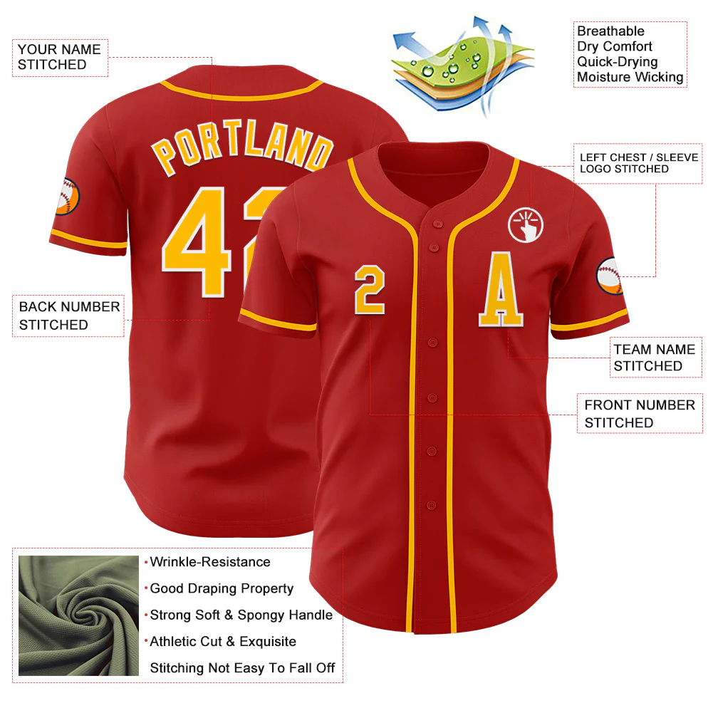 Custom Red Gold-White Authentic Baseball Jersey - Image 2