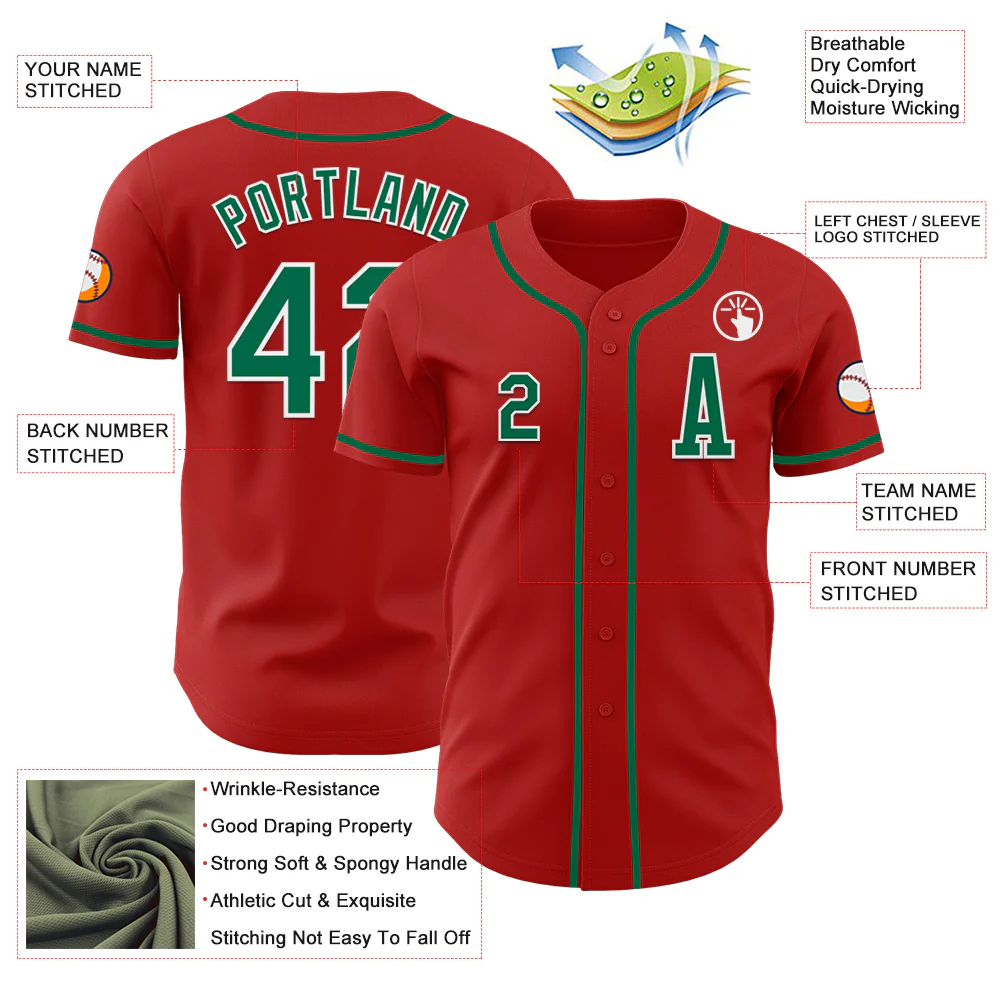 Custom Red Kelly Green-White Authentic Baseball Jersey - Image 2