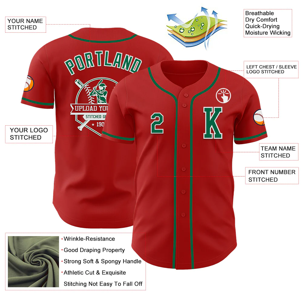 Custom Red Kelly Green-White Authentic Baseball Jersey - Image 6