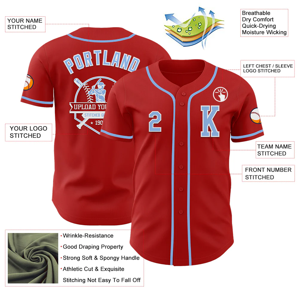 Custom Red Light Blue-White Authentic Baseball Jersey - Image 6