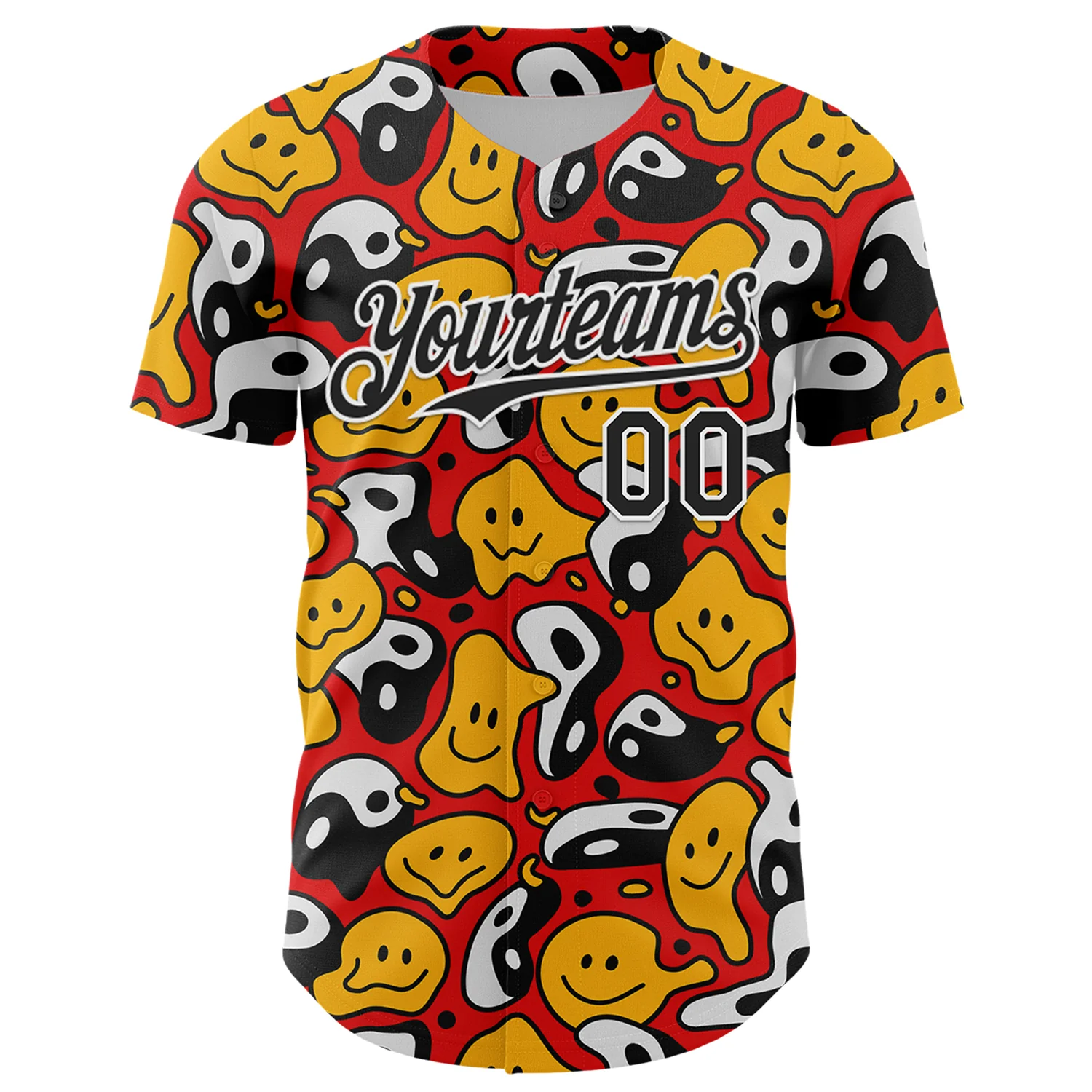 Custom Red Black-White 3D Pattern Design Funny Cartoon Emoji Smile Face And Yin Yang Authentic Baseball Jersey - Image 2