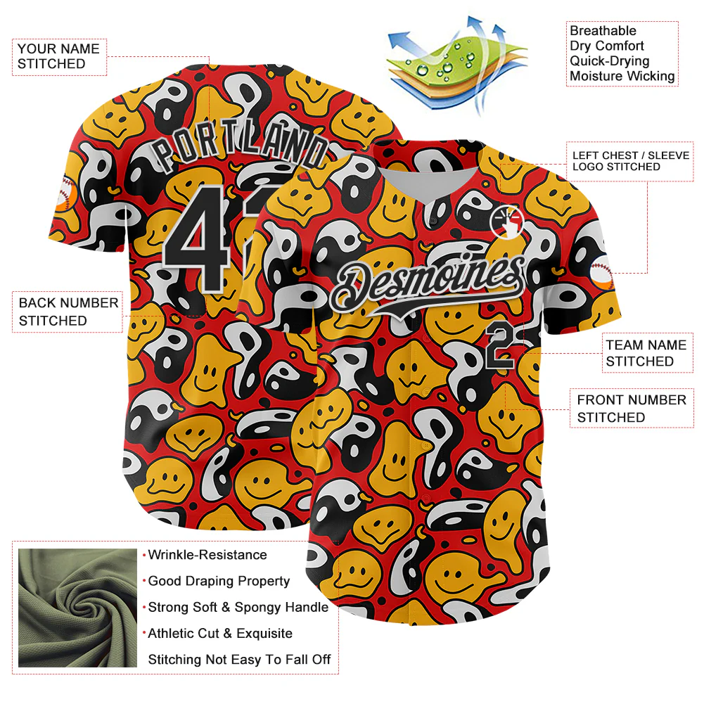 Custom Red Black-White 3D Pattern Design Funny Cartoon Emoji Smile Face And Yin Yang Authentic Baseball Jersey - Image 3