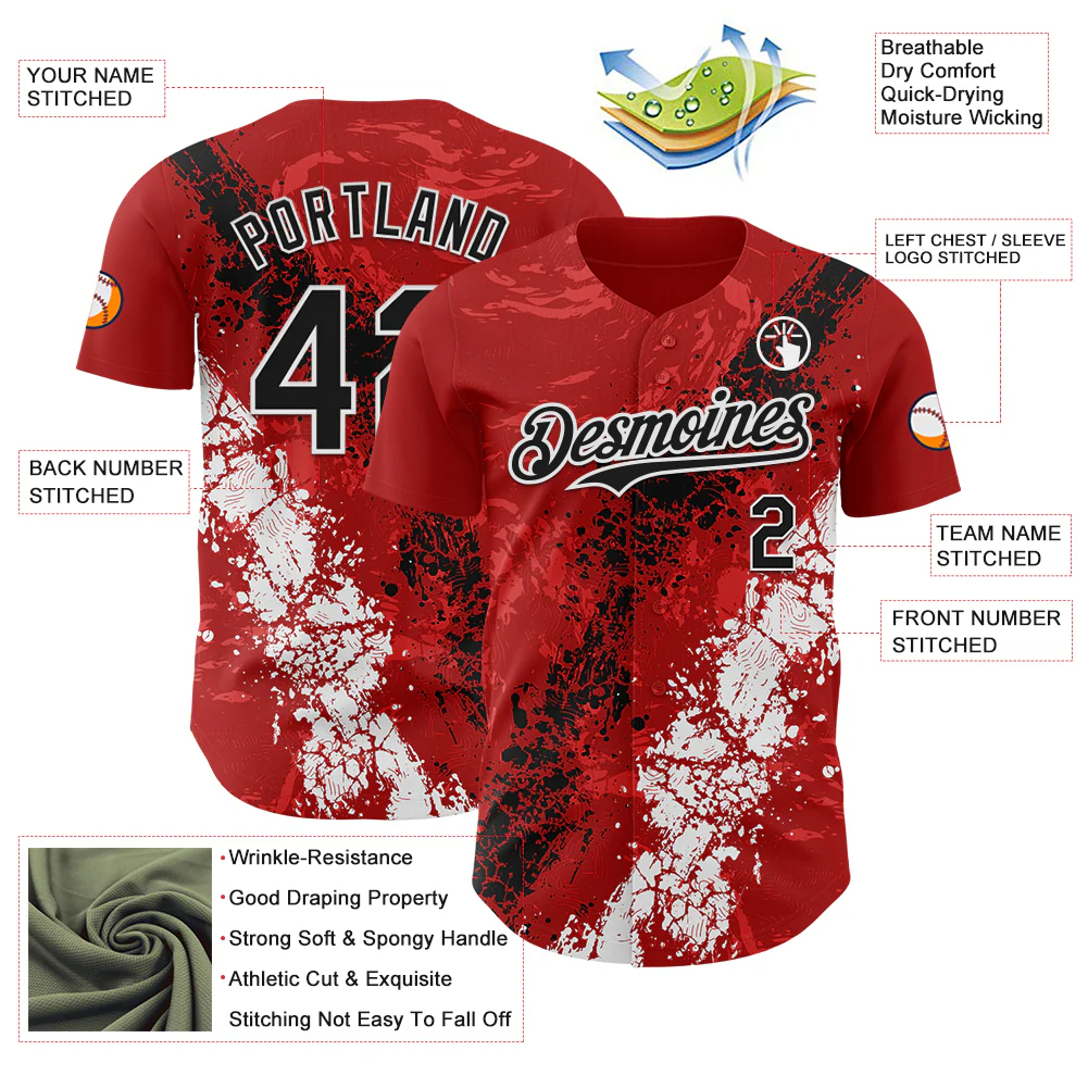 Custom Red Black-White Splash Authentic Baseball Jersey - Image 3