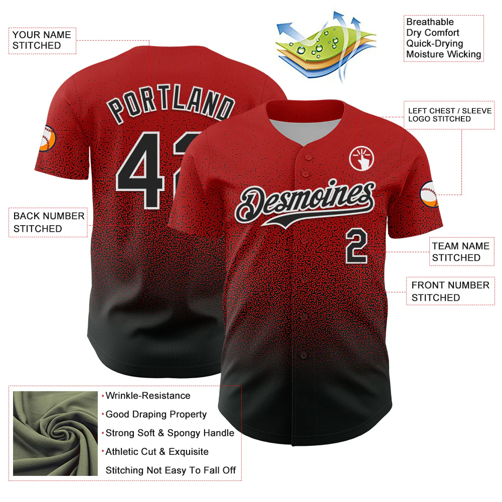 Custom Red Black-White Fade Fashion Speckle Authentic Baseball Jersey - Image 3