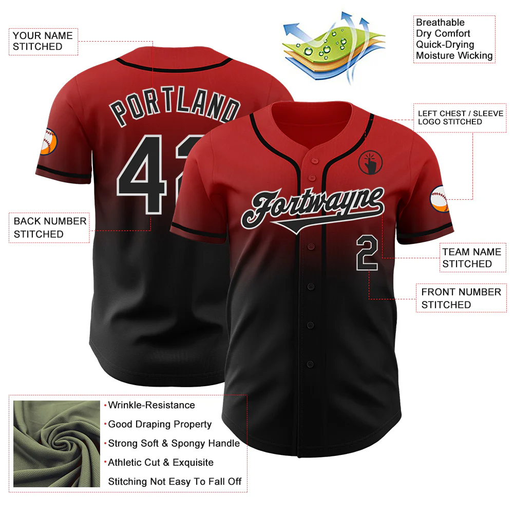 Custom Red Black-White Authentic Fade Fashion Baseball Jersey - Image 3