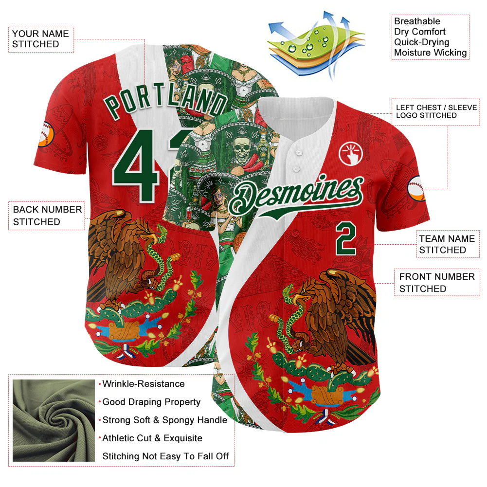 Custom Red Green-White 3D Mexico Authentic Baseball Jersey - Image 3
