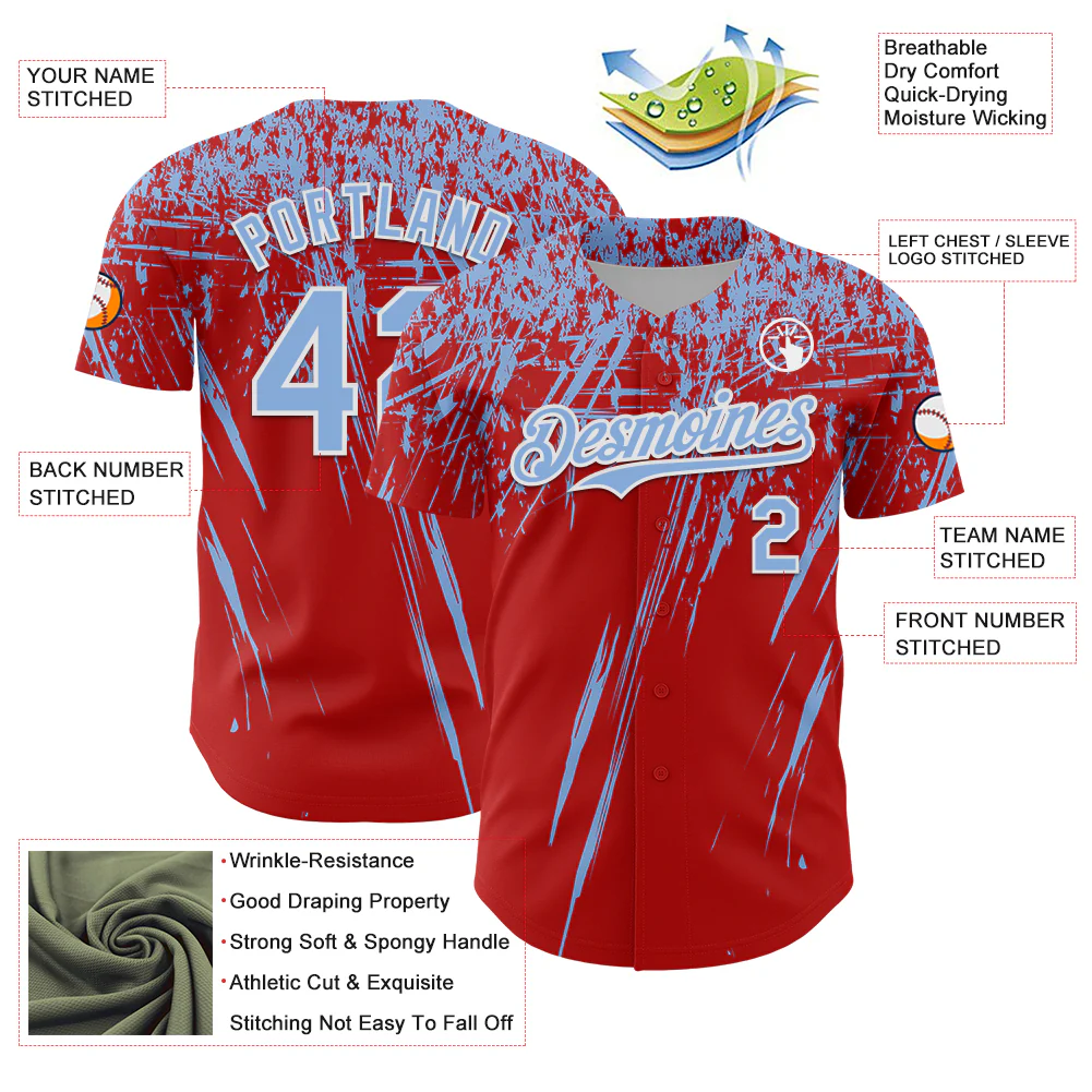 Custom Red Light Blue-White Distressed Scratch Brush Stroke Authentic Baseball Jersey - Image 3