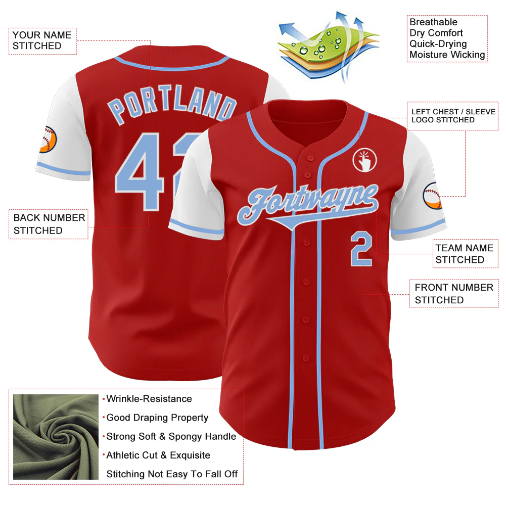 Custom Red Light Blue-White Authentic Two Tone Baseball Jersey - Image 3