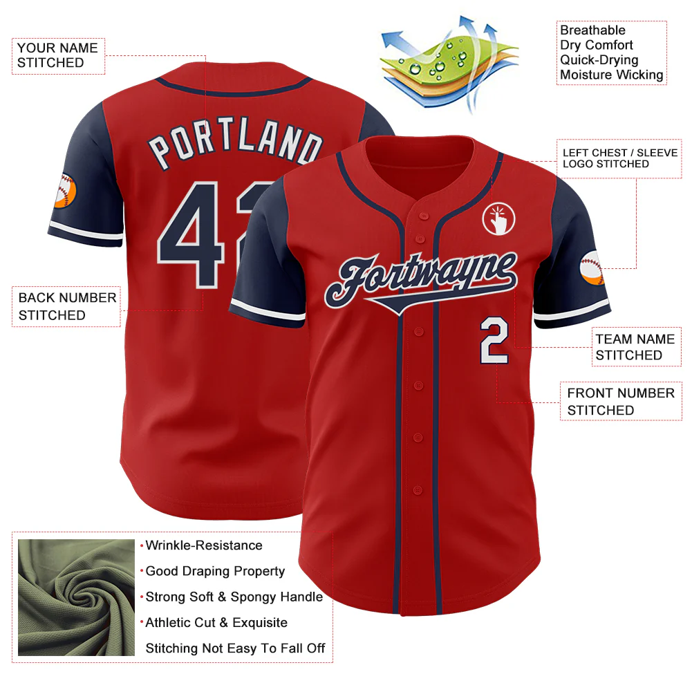 Custom Red Navy-White Authentic Two Tone Baseball Jersey - Image 3