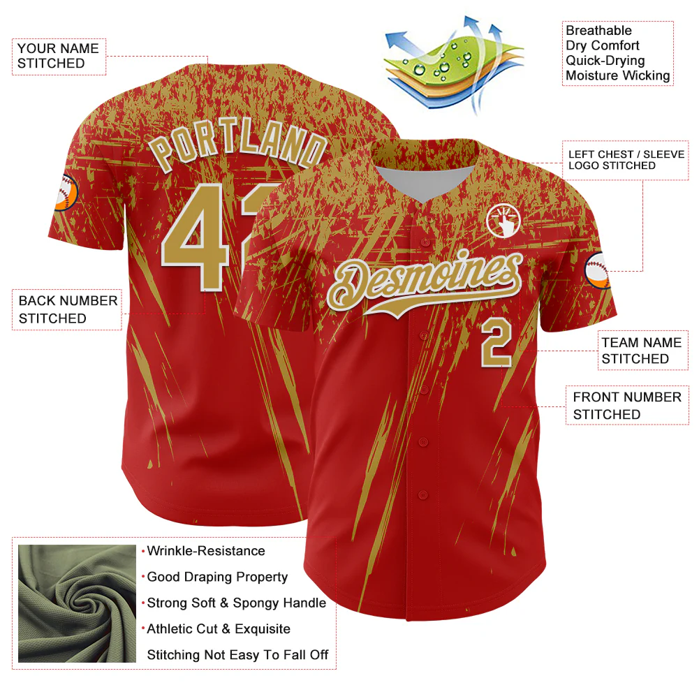 Custom Red Old Gold-White Distressed Scratch Brush Stroke Authentic Baseball Jersey - Image 3