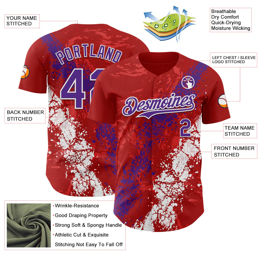 Custom Red Purple-White Splash Authentic Baseball Jersey - Image 3