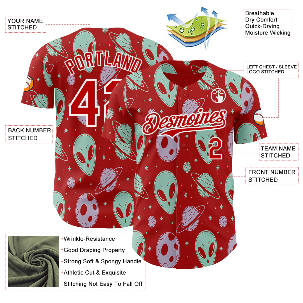 Custom Red White Alien UFO Space Authentic Baseball Jersey - Image 3