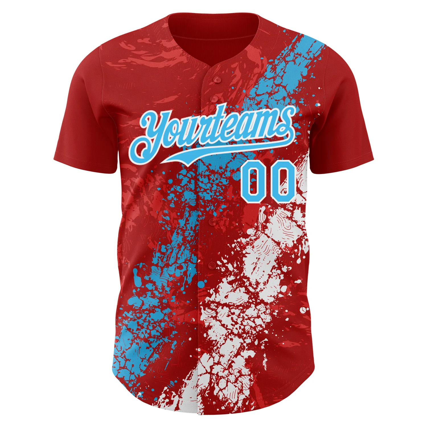 Custom Red Sky Blue-White Splash Authentic Baseball Jersey - Image 2