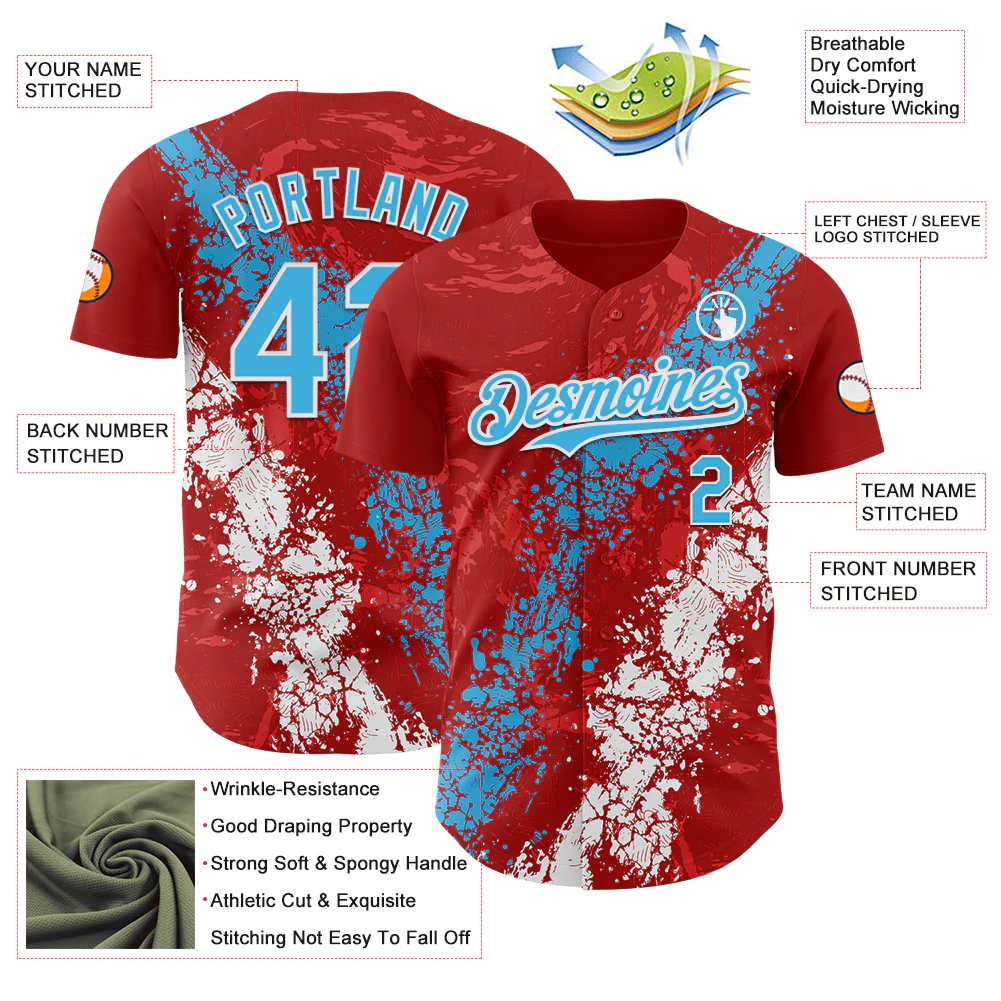 Custom Red Sky Blue-White Splash Authentic Baseball Jersey - Image 3