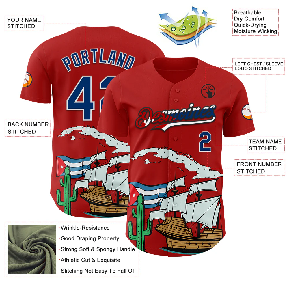 Custom Red US Navy Blue White Cuban Flag-Black 3D Cuba Authentic Baseball Jersey - Image 3