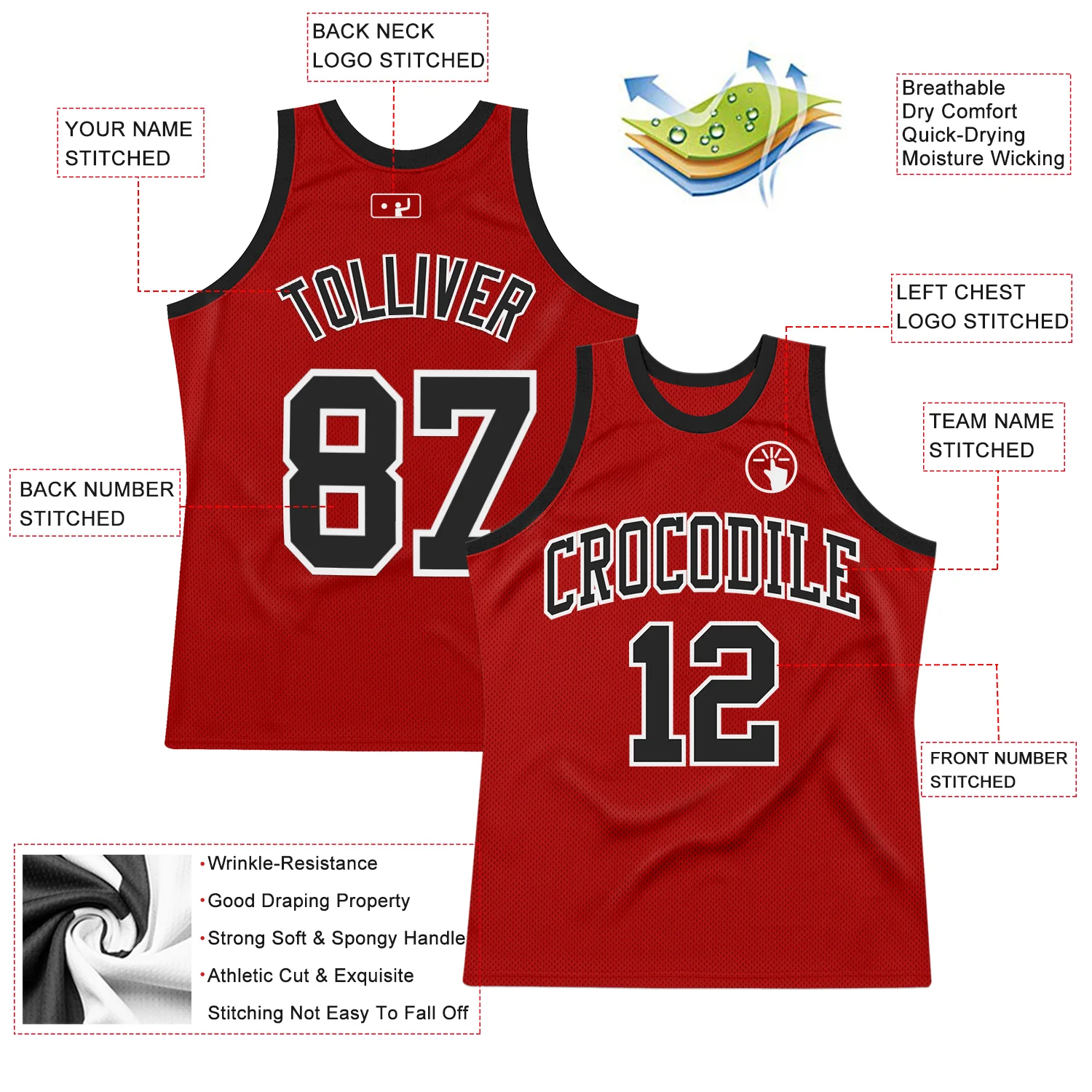 Custom Red Black-White Authentic Throwback Basketball Jersey - Image 2